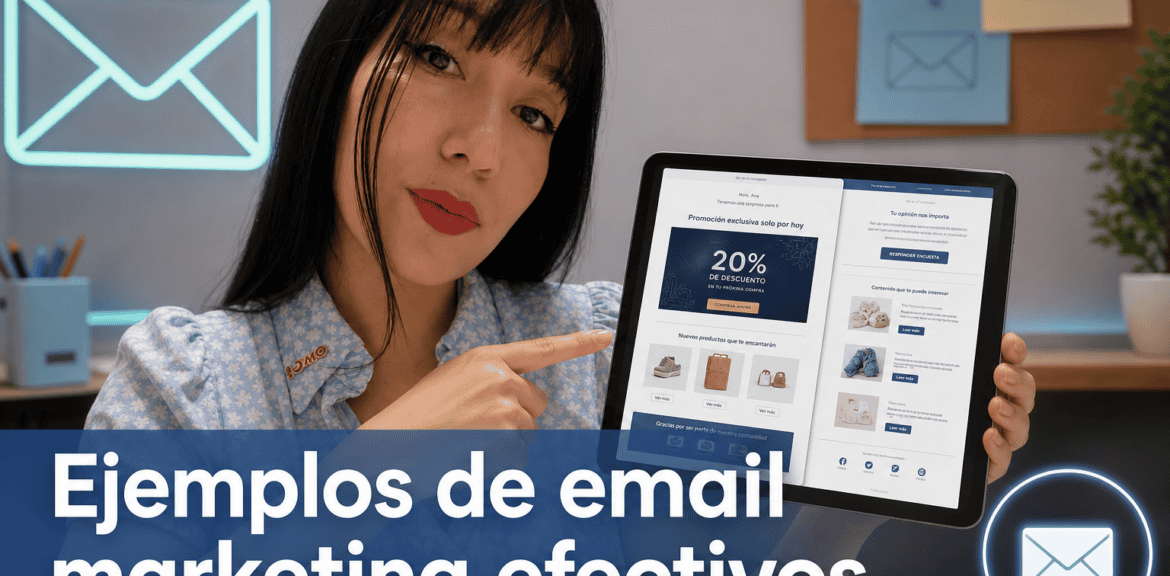 Mujer mostrando ejemplos de email marketing en tablet.