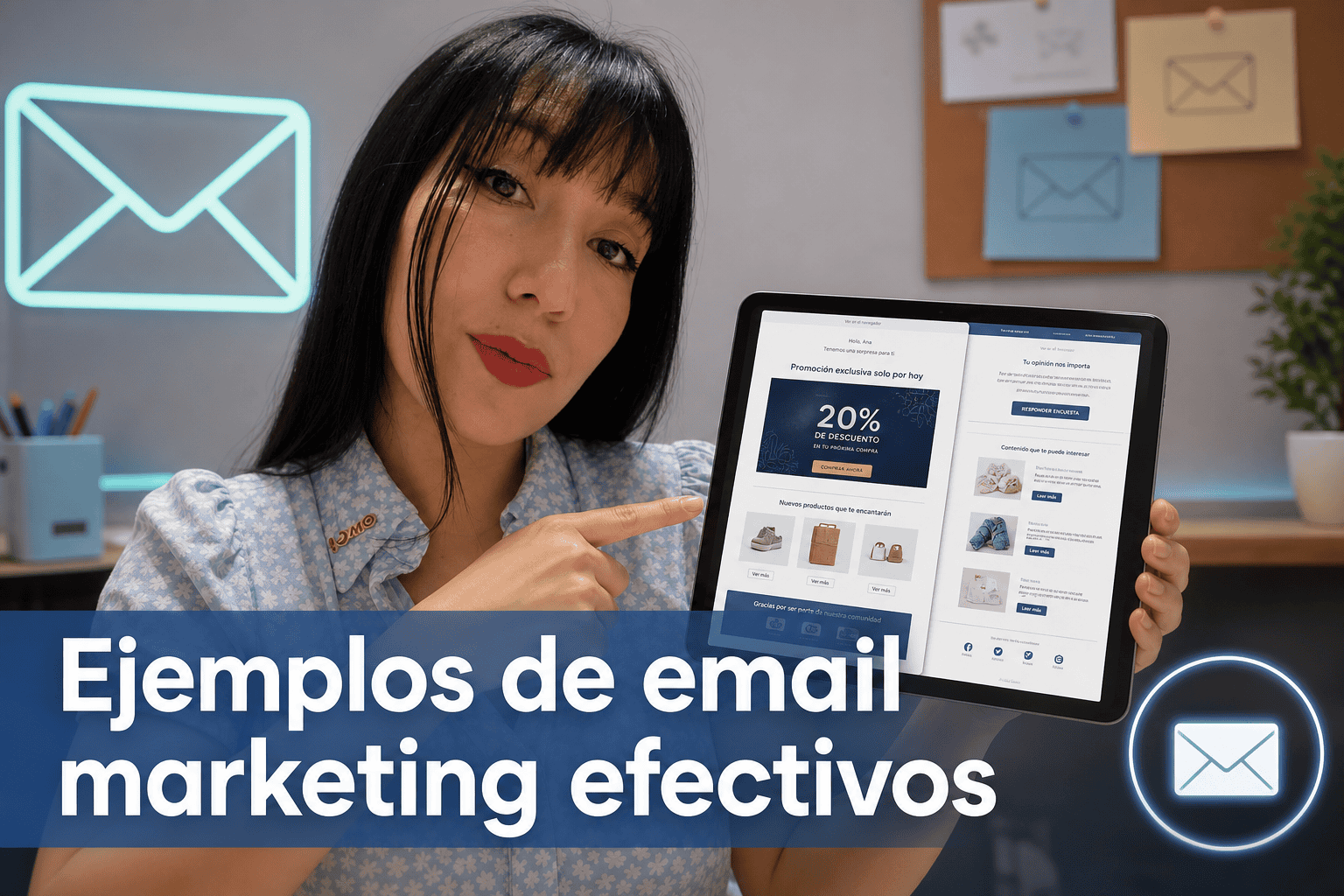 Mujer mostrando ejemplos de email marketing en tablet.