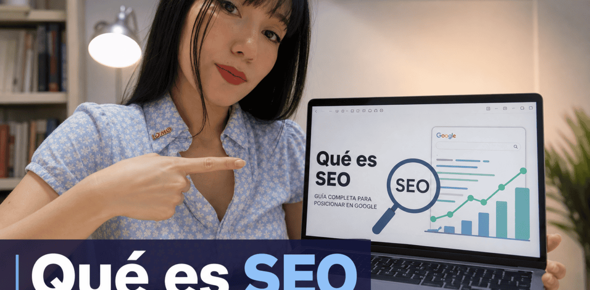 Guía sobre SEO con gráficos en pantalla de portátil.