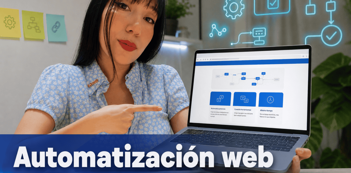 Mujer presenta automatización web en ordenador portátil.