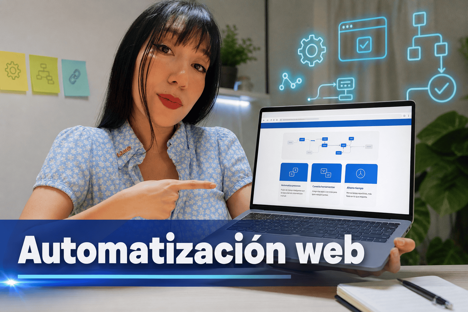 Mujer presenta automatización web en ordenador portátil.