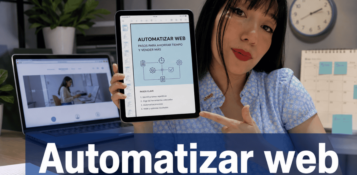Mujer enseñando tablet con consejos para automatizar webs.