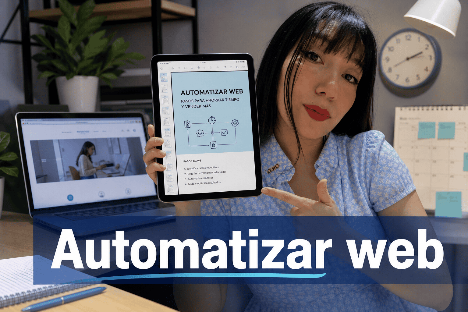 Mujer enseñando tablet con consejos para automatizar webs.