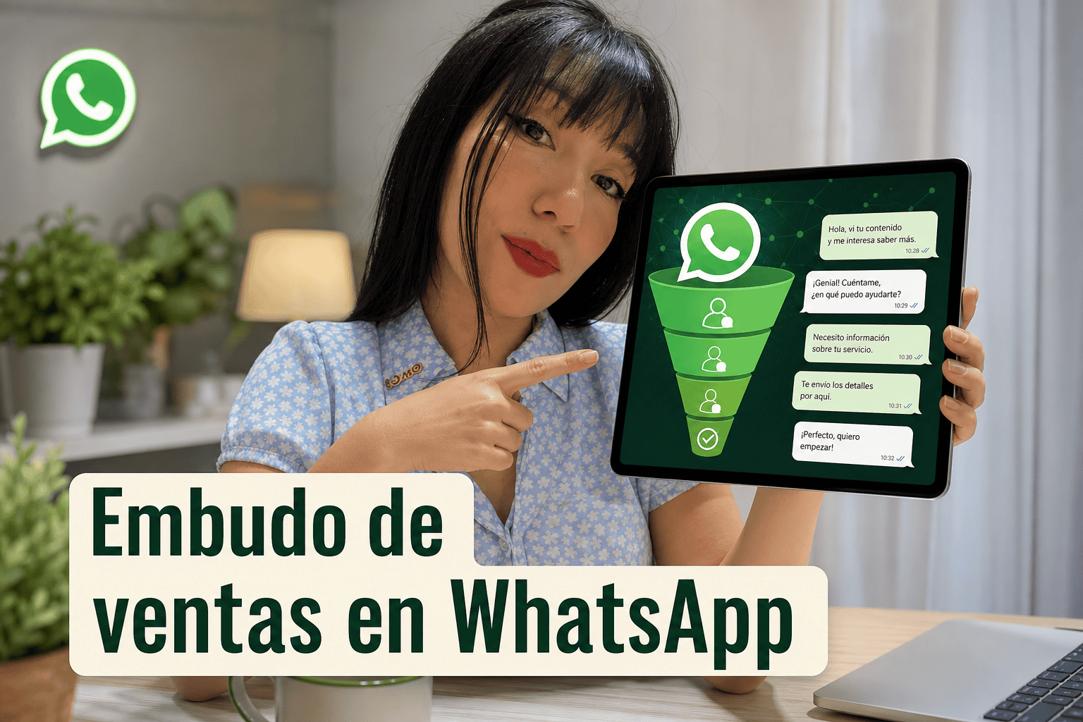 Embudo de ventas usando WhatsApp en tablet.