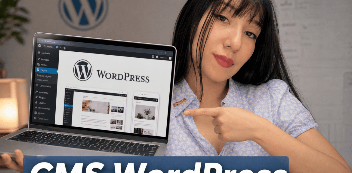 Mujer mostrando WordPress en ordenador portátil