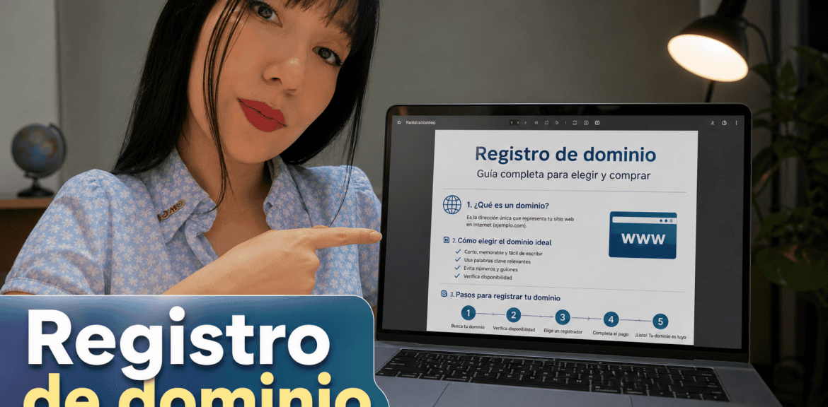 Mujer mostrando guía de registro de dominio en laptop.