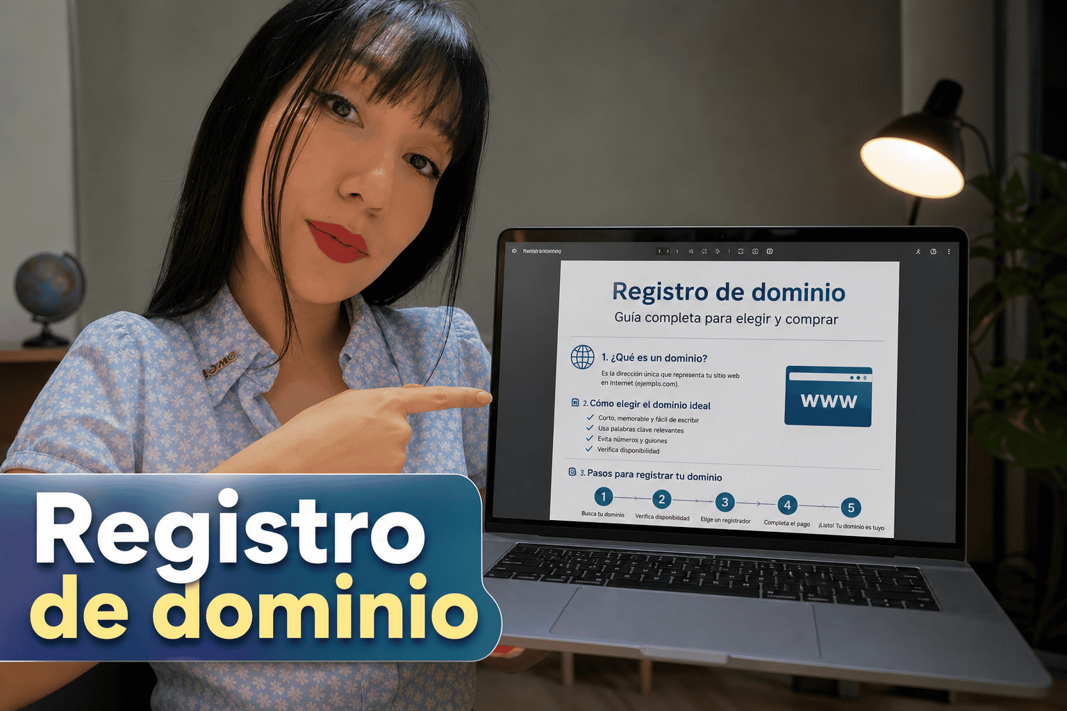 Mujer mostrando guía de registro de dominio en laptop.