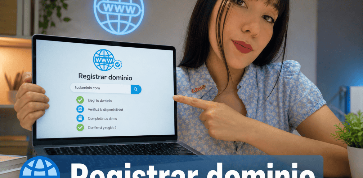 Mujer mostrando cómo registrar un dominio web.