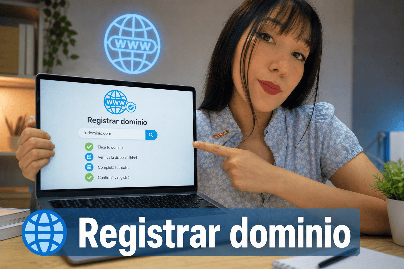 Mujer mostrando cómo registrar un dominio web.