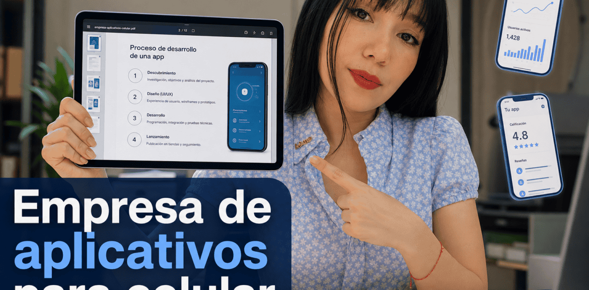 Desarrolladora mostrando aplicación móvil en tableta.