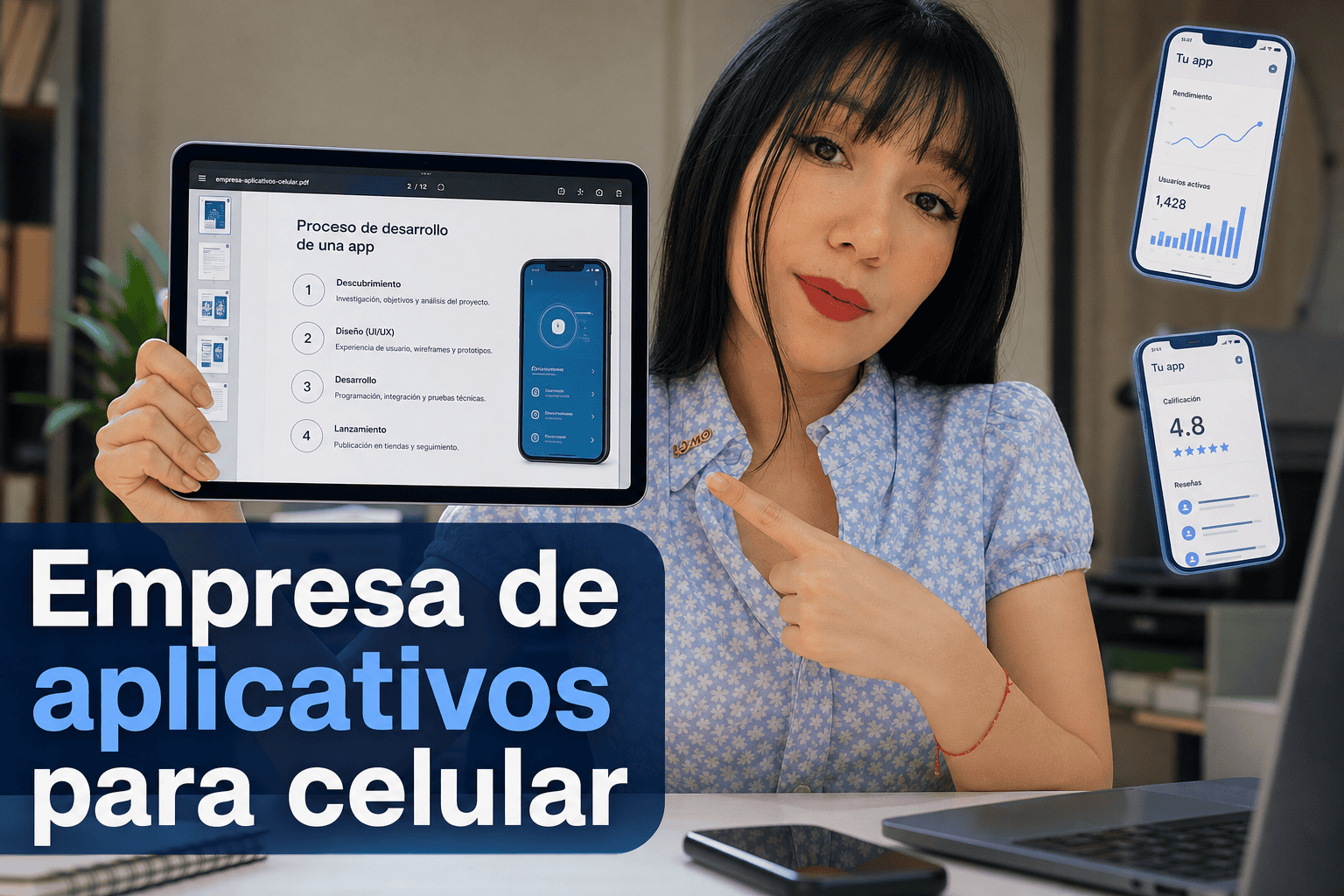 Desarrolladora mostrando aplicación móvil en tableta.