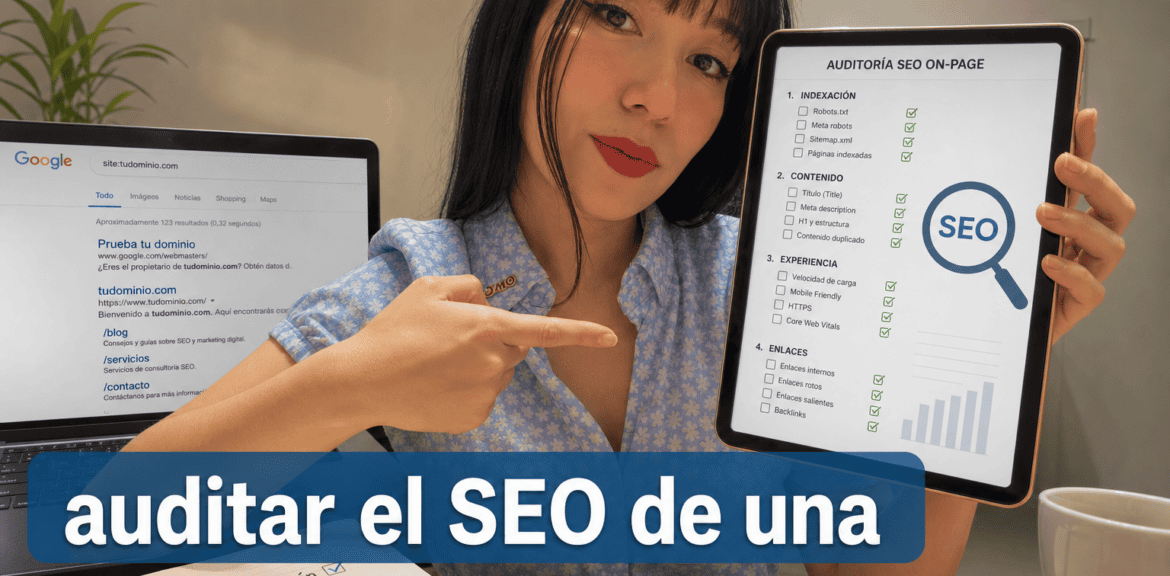 Mujer mostrando auditoría SEO en tablet.