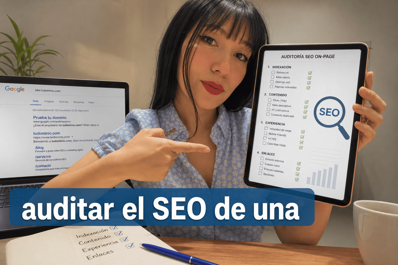 Mujer mostrando auditoría SEO en tablet.
