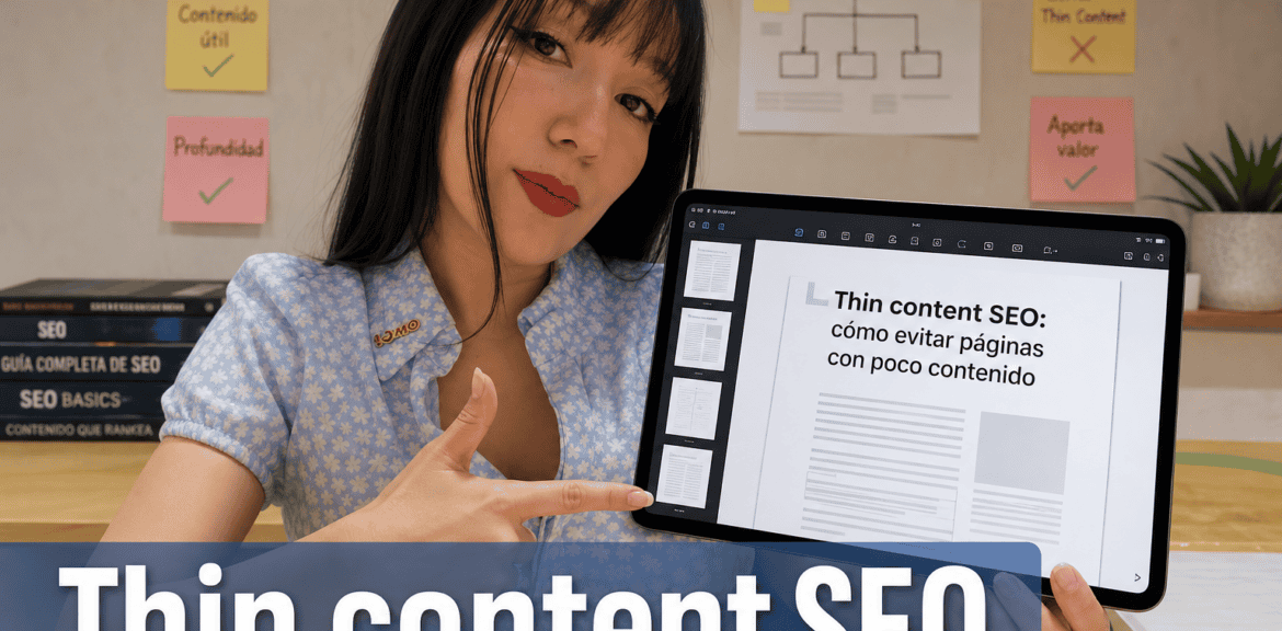Mujer señalando pantalla sobre SEO de contenido delgado.