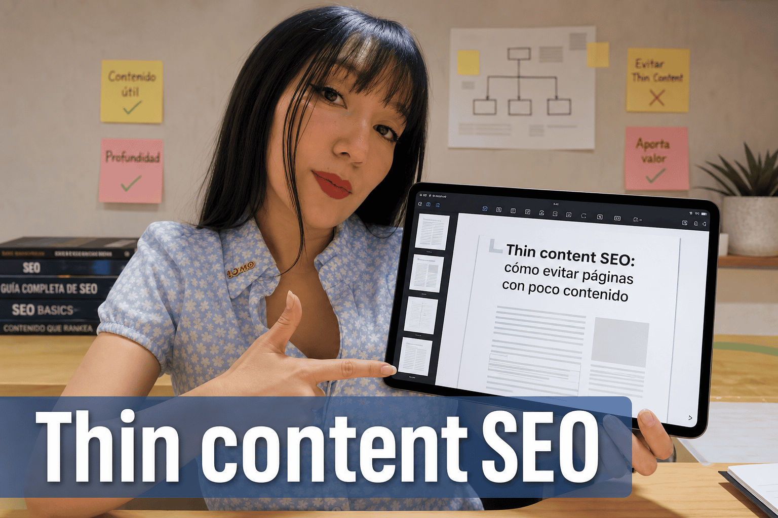 Mujer señalando pantalla sobre SEO de contenido delgado.