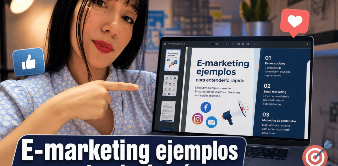 Presentación sobre ejemplos de E-marketing en laptop.