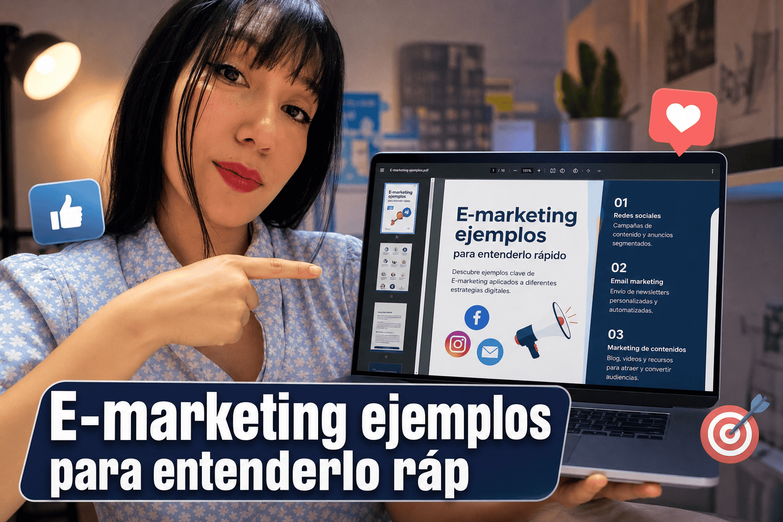 Presentación sobre ejemplos de E-marketing en laptop.