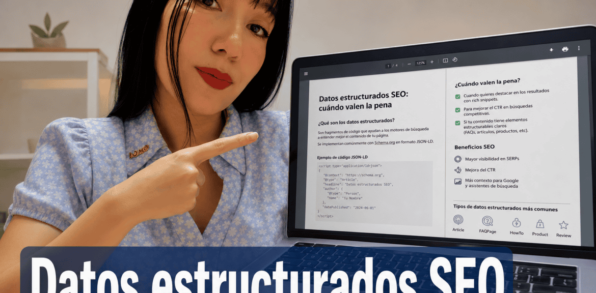 Persona explicando sobre datos estructurados SEO en portátil.