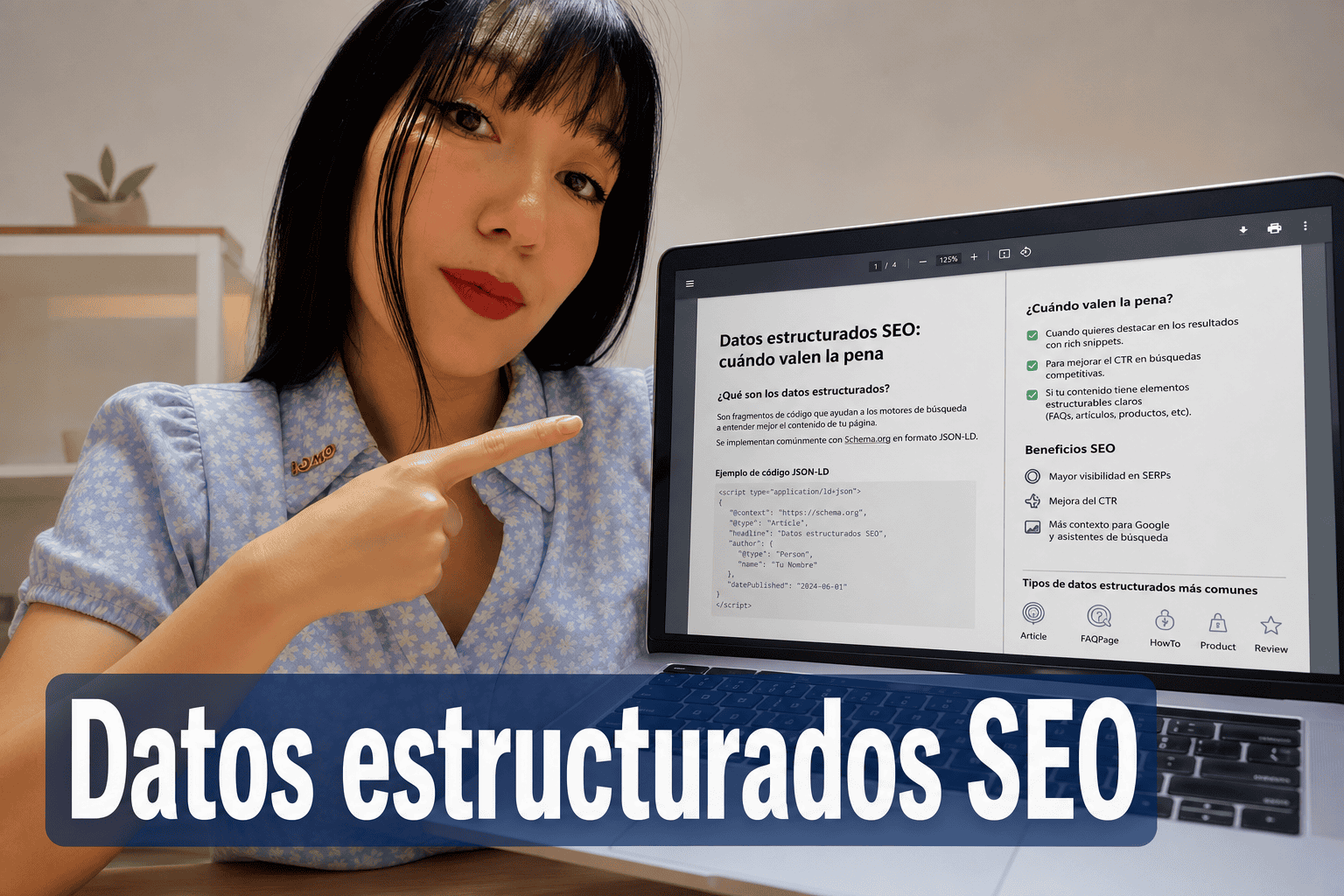 Persona explicando sobre datos estructurados SEO en portátil.