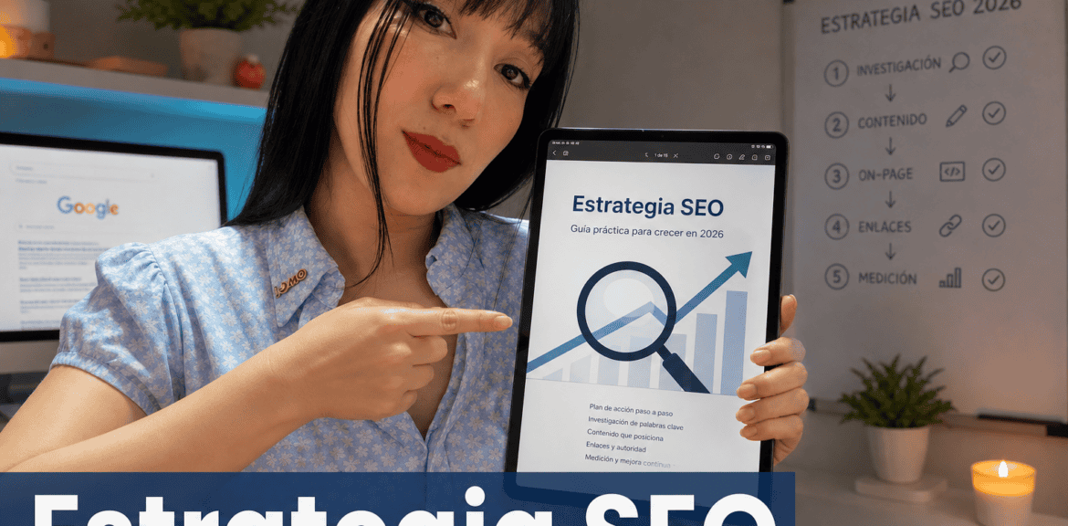 Mujer señalando guía de Estrategia SEO en tableta.