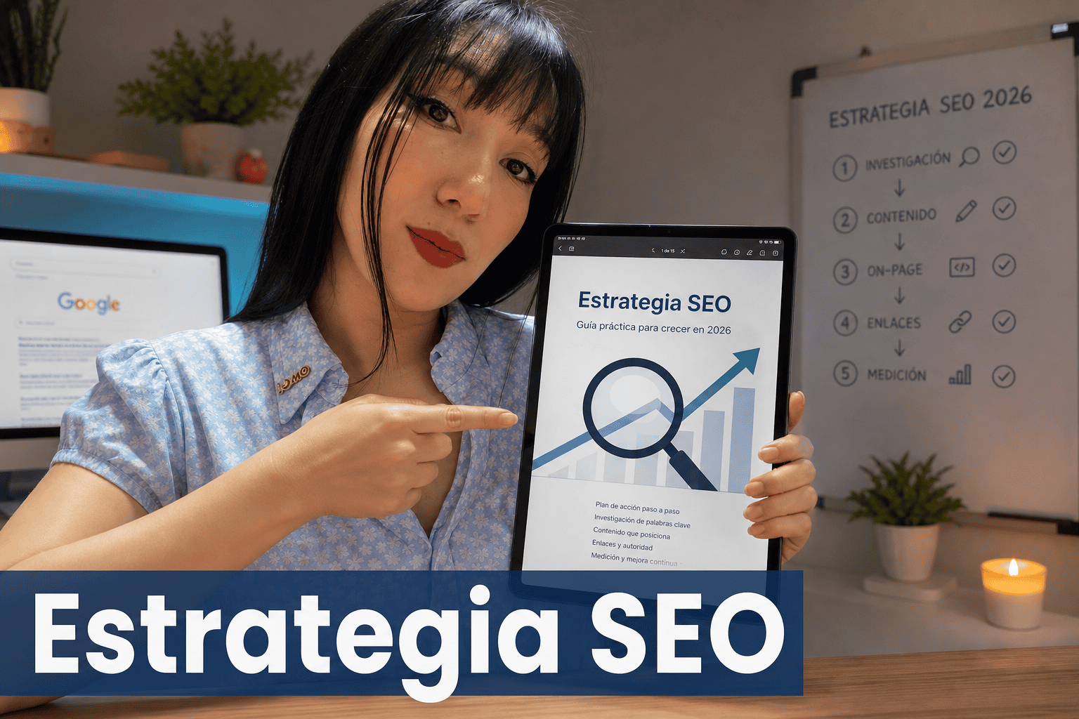 Mujer señalando guía de Estrategia SEO en tableta.