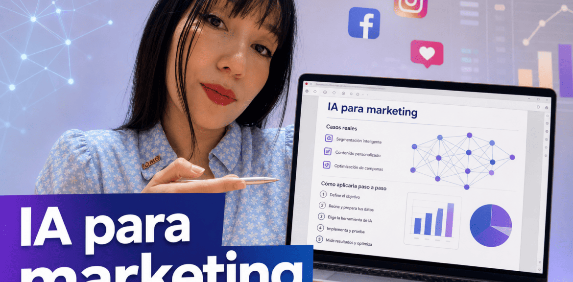 Mujer presentando IA para marketing en portátil.