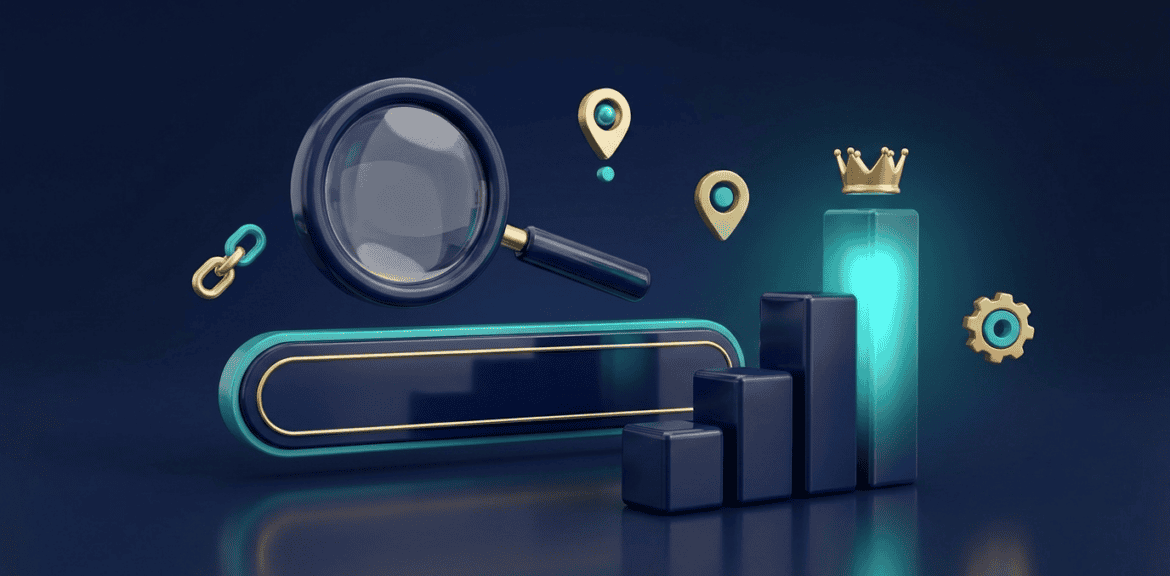 Agencia SEO: lupa sobre un buscador y gráfico de posiciones en Google