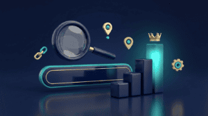 Agencia SEO: lupa sobre un buscador y gráfico de posiciones en Google