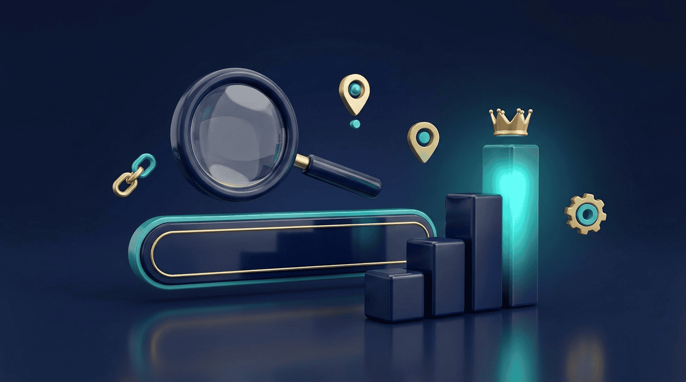 Agencia SEO: lupa sobre un buscador y gráfico de posiciones en Google