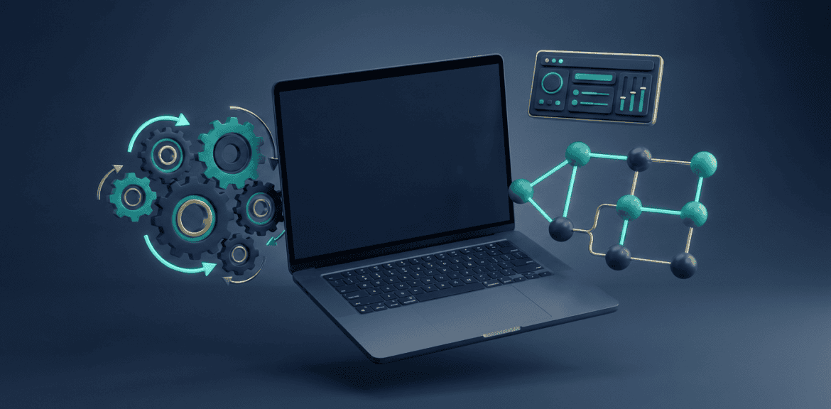 Automatización de procesos de negocio: render 3D de engranajes y flujos conectados