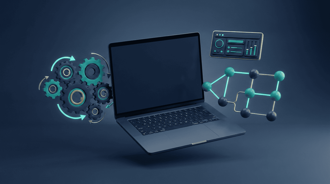 Automatización de procesos de negocio: render 3D de engranajes y flujos conectados