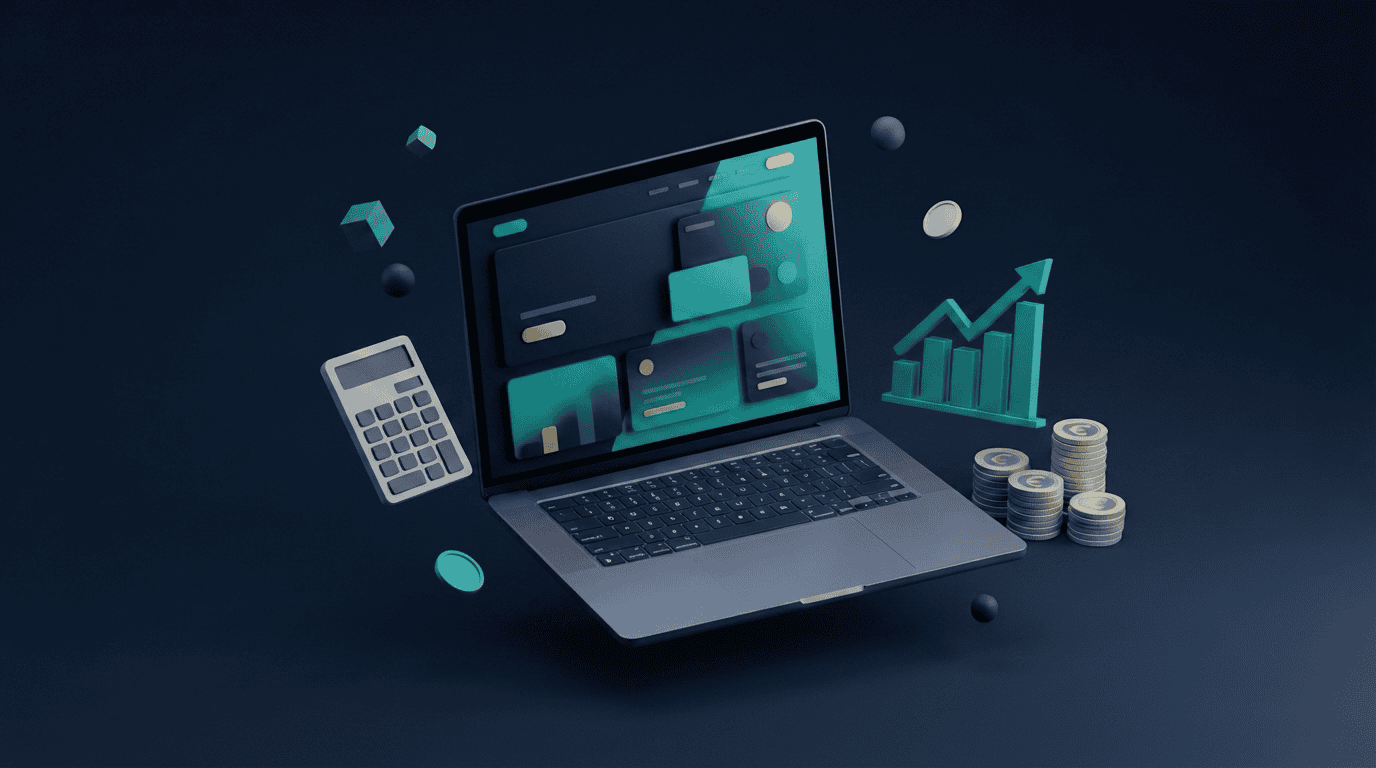 Calculadora, gráfico circular y monedas de euro para fijar el presupuesto de marketing digital
