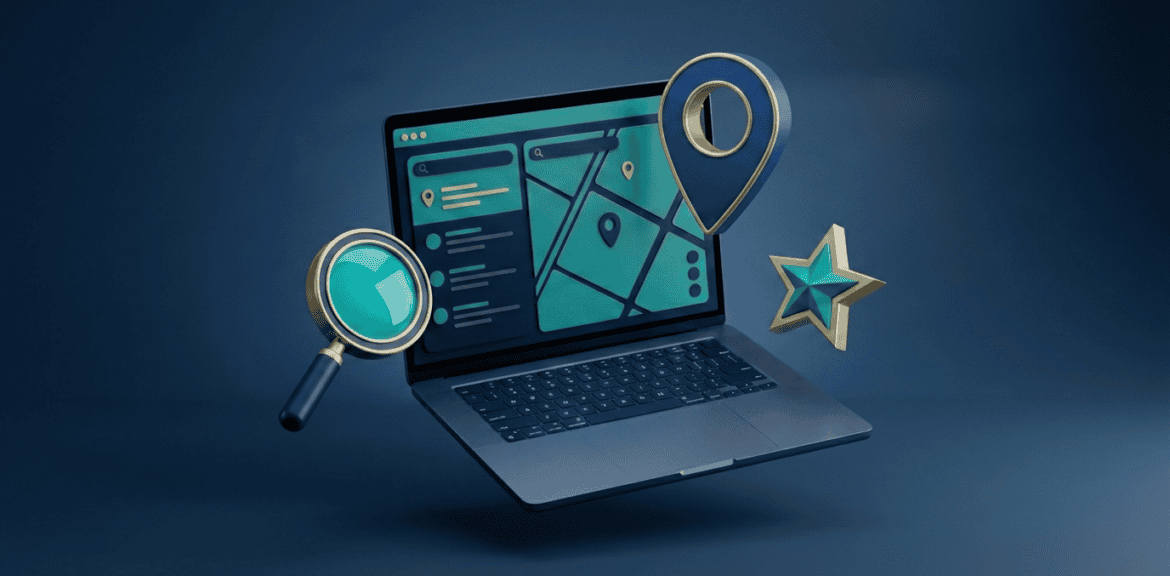 Agencia SEO local: pin de mapa, lupa y estrella de reseña en render 3D