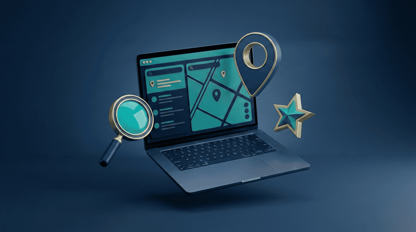 Agencia SEO local: pin de mapa, lupa y estrella de reseña en render 3D
