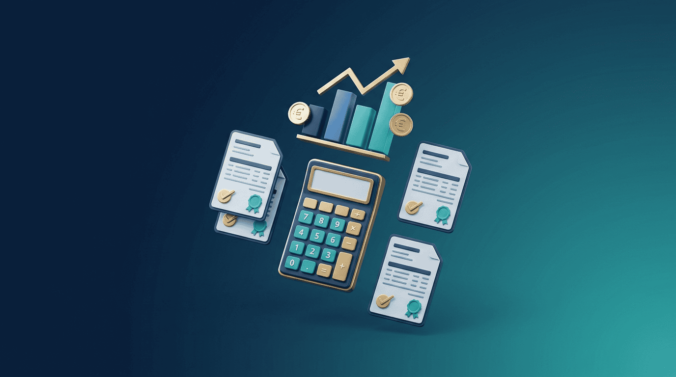 Automatización contable: calculadora, facturas verificadas y gráfico en render 3D