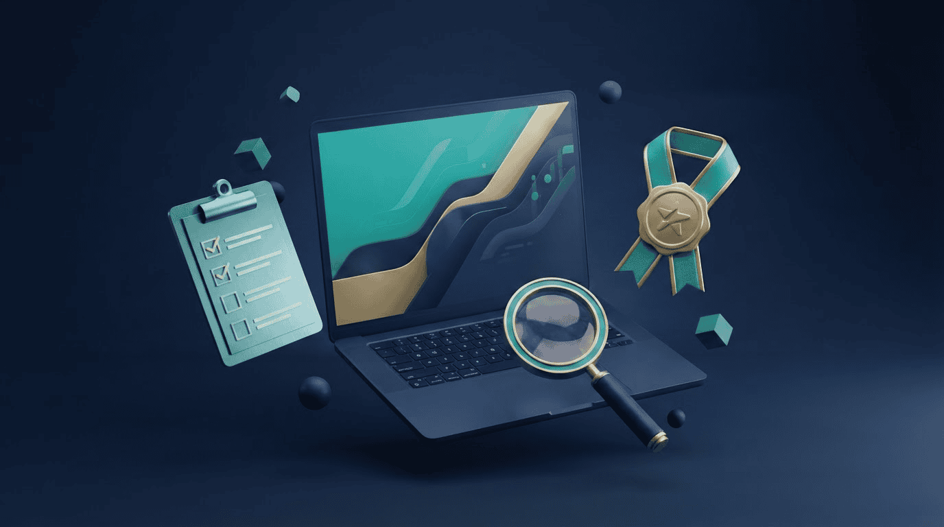 Cómo elegir agencia SEO local: checklist, lupa y medalla en render 3D