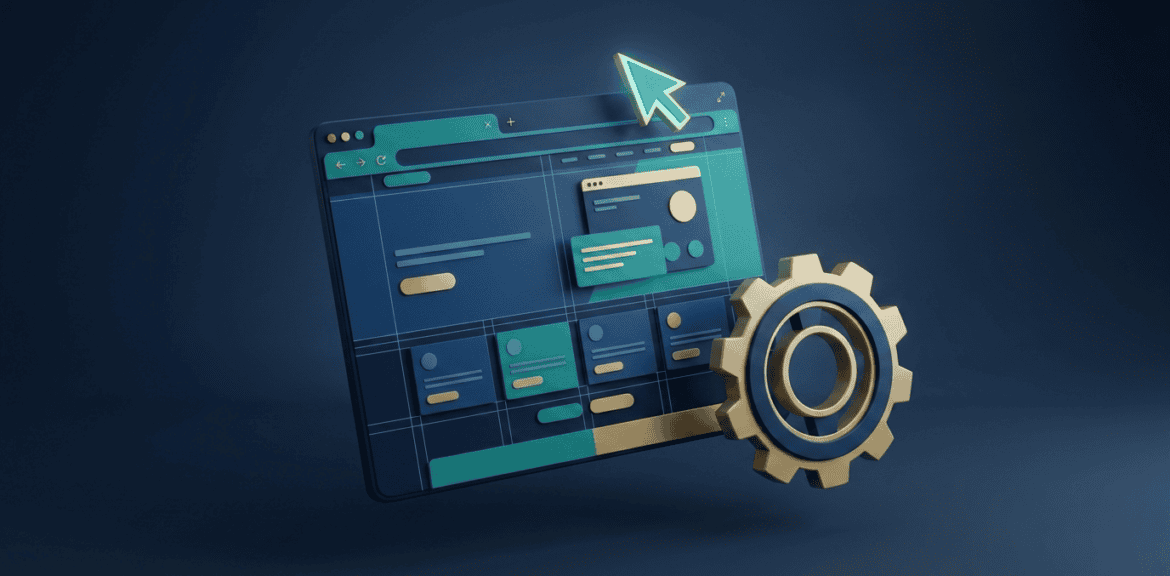 Diseño web WordPress para empresas: render 3D con ventana de navegador y retícula de diseño