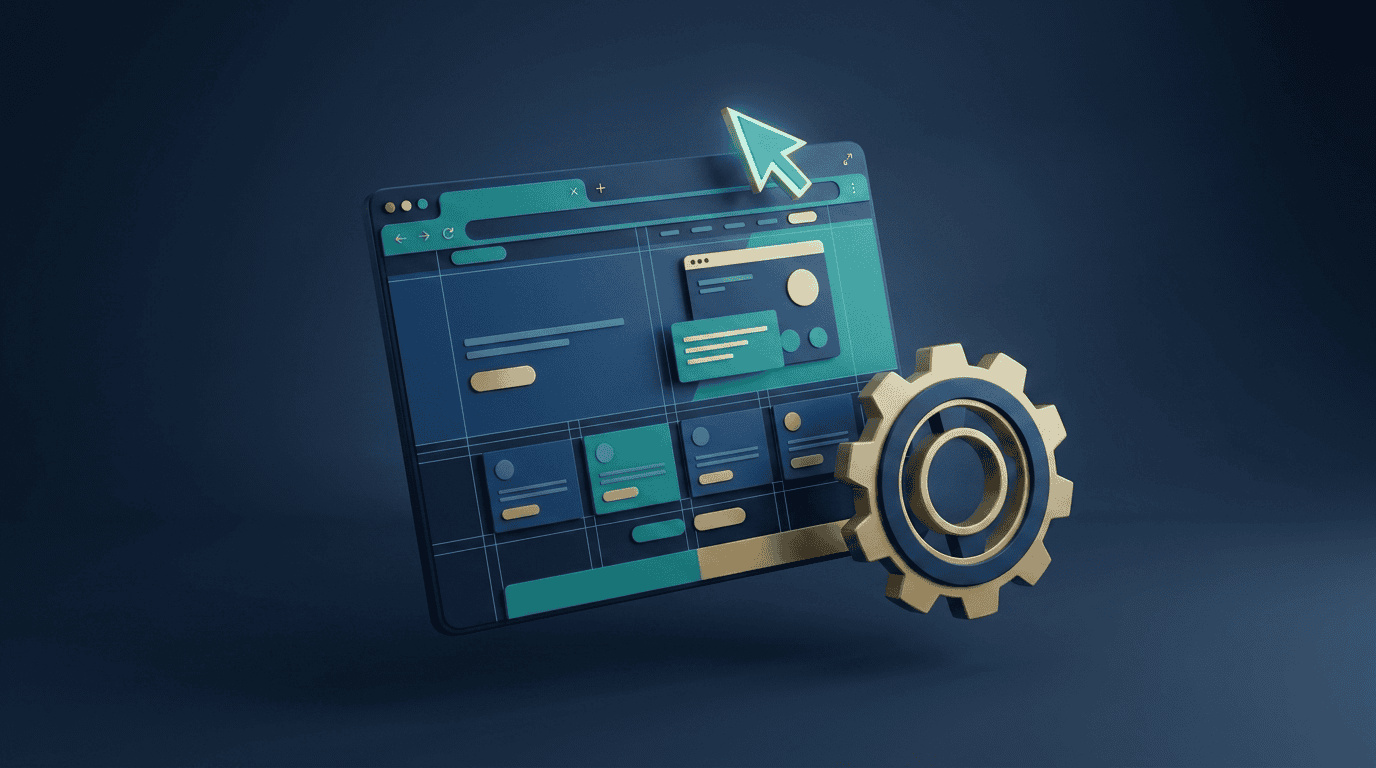 Diseño web WordPress para empresas: render 3D con ventana de navegador y retícula de diseño