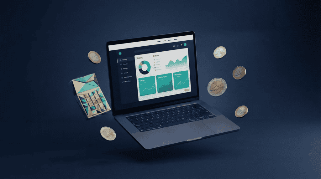 Precios del diseño web WordPress: navegador 3D con monedas de euro y calculadora