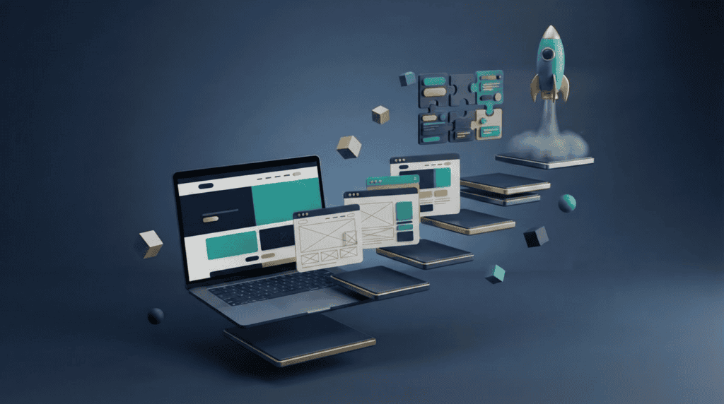 Proceso de diseño web WordPress en 7 pasos: escalones ascendentes con ventanas de navegador 3D
