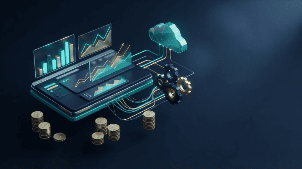 Software de automatización contable: panel financiero y engranajes conectados en 3D