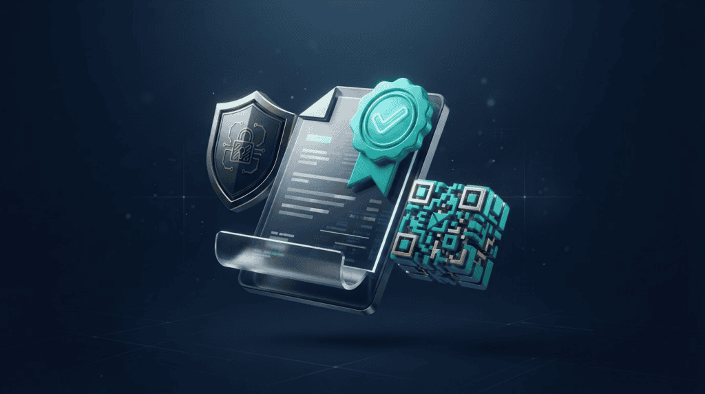 VeriFactu: factura electrónica con sello de verificación y código QR en render 3D