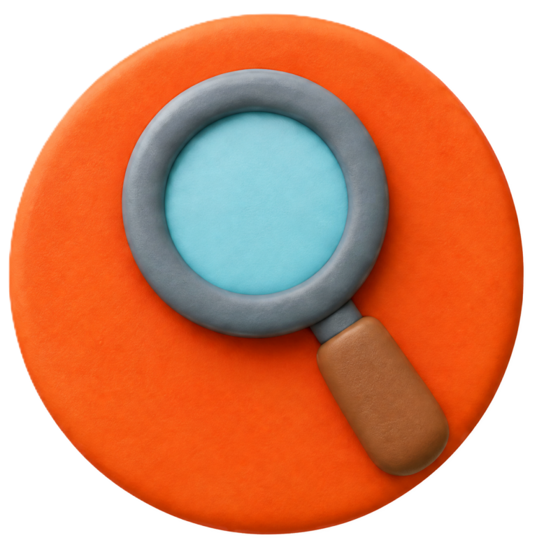 Lupa sobre círculo naranja en ilustración 3D