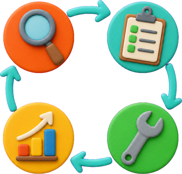 Ciclo de 4 pasos: analizamos, diseñamos, ejecutamos, seguimiento